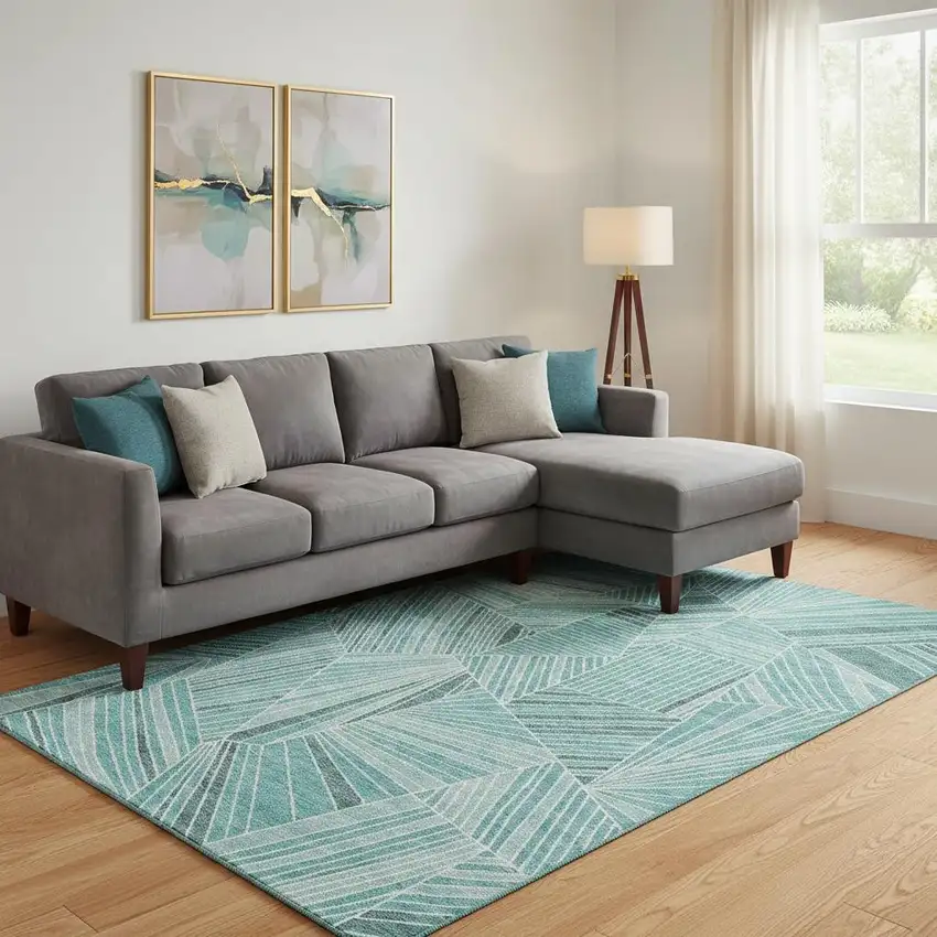 Teal And Ivory Geometric Washable Area Rug With UV Protection Photo 1