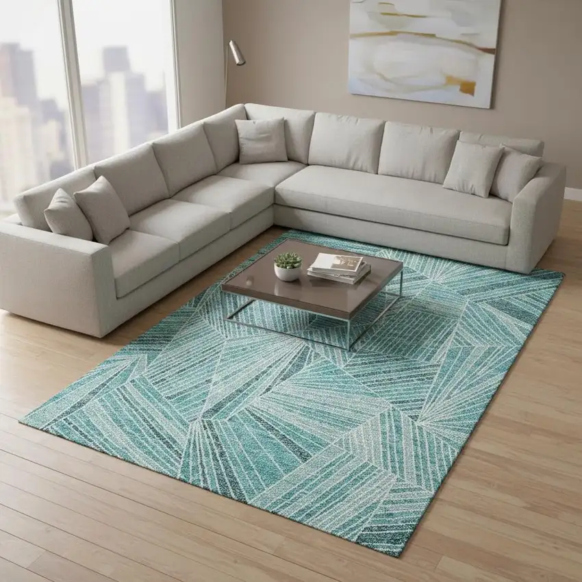 Teal And Ivory Geometric Washable Area Rug With UV Protection Photo 2