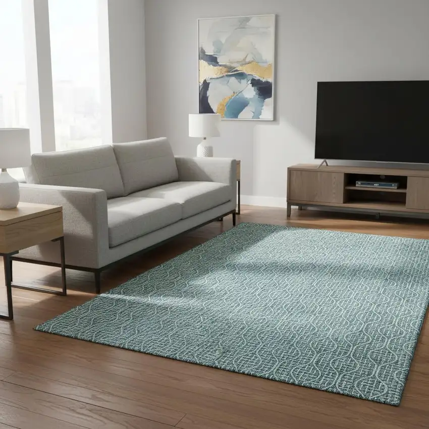 Teal And Ivory Geometric Washable Area Rug With UV Protection Photo 2