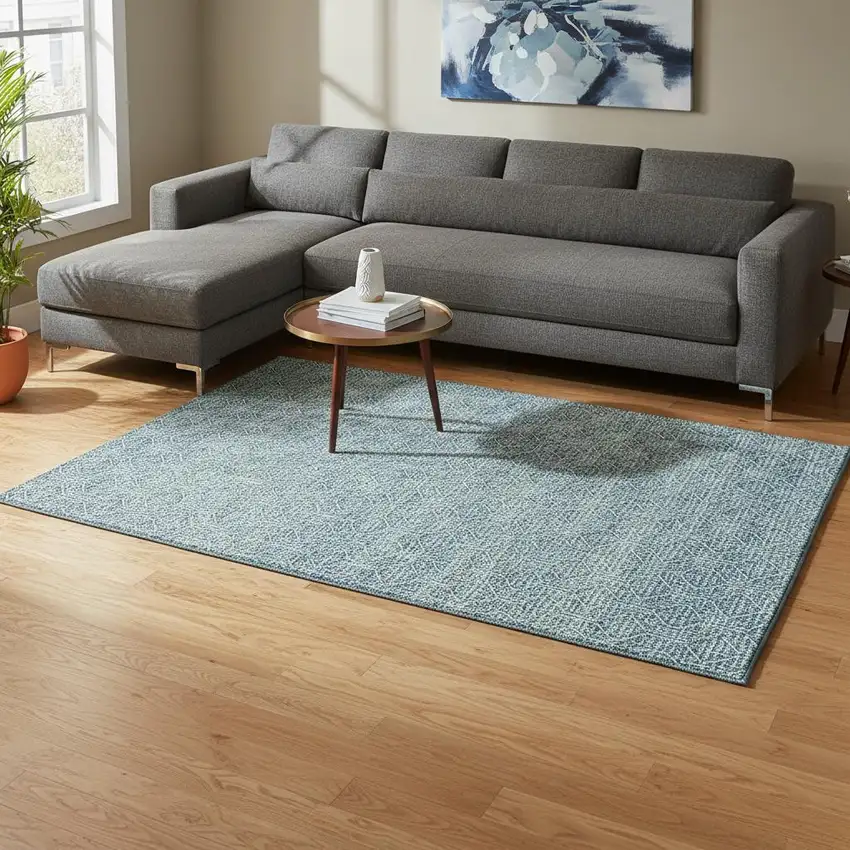 Teal And Ivory Geometric Washable Area Rug With UV Protection Photo 2