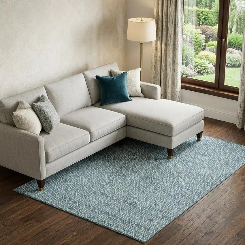 Teal And Ivory Geometric Washable Area Rug With UV Protection Photo 1