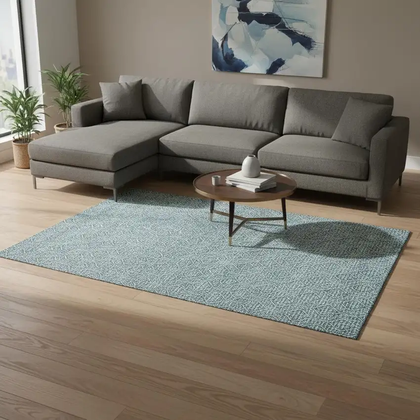 Teal And Ivory Geometric Washable Area Rug With UV Protection Photo 2