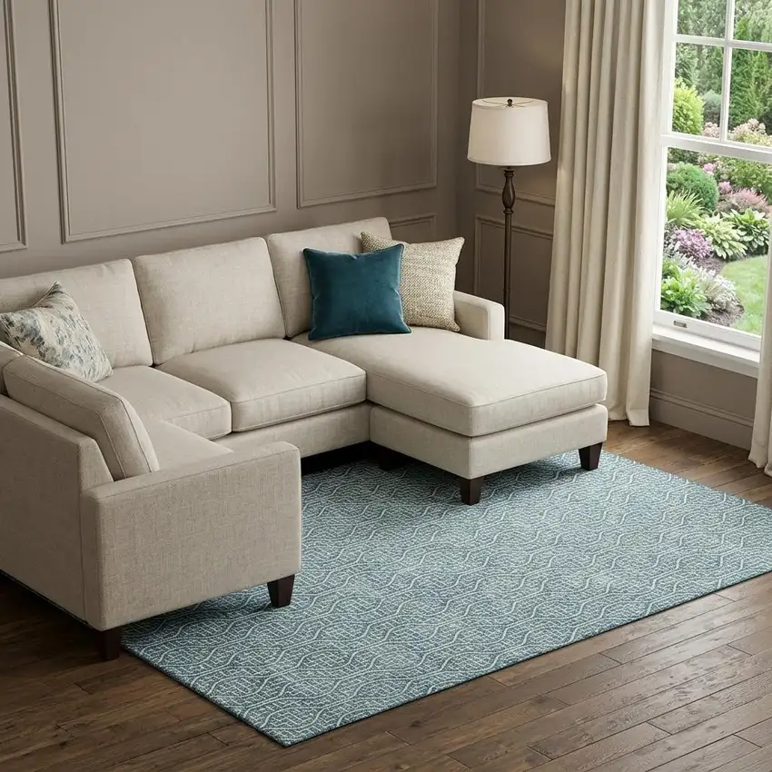 Teal And Ivory Geometric Washable Area Rug With UV Protection Photo 1