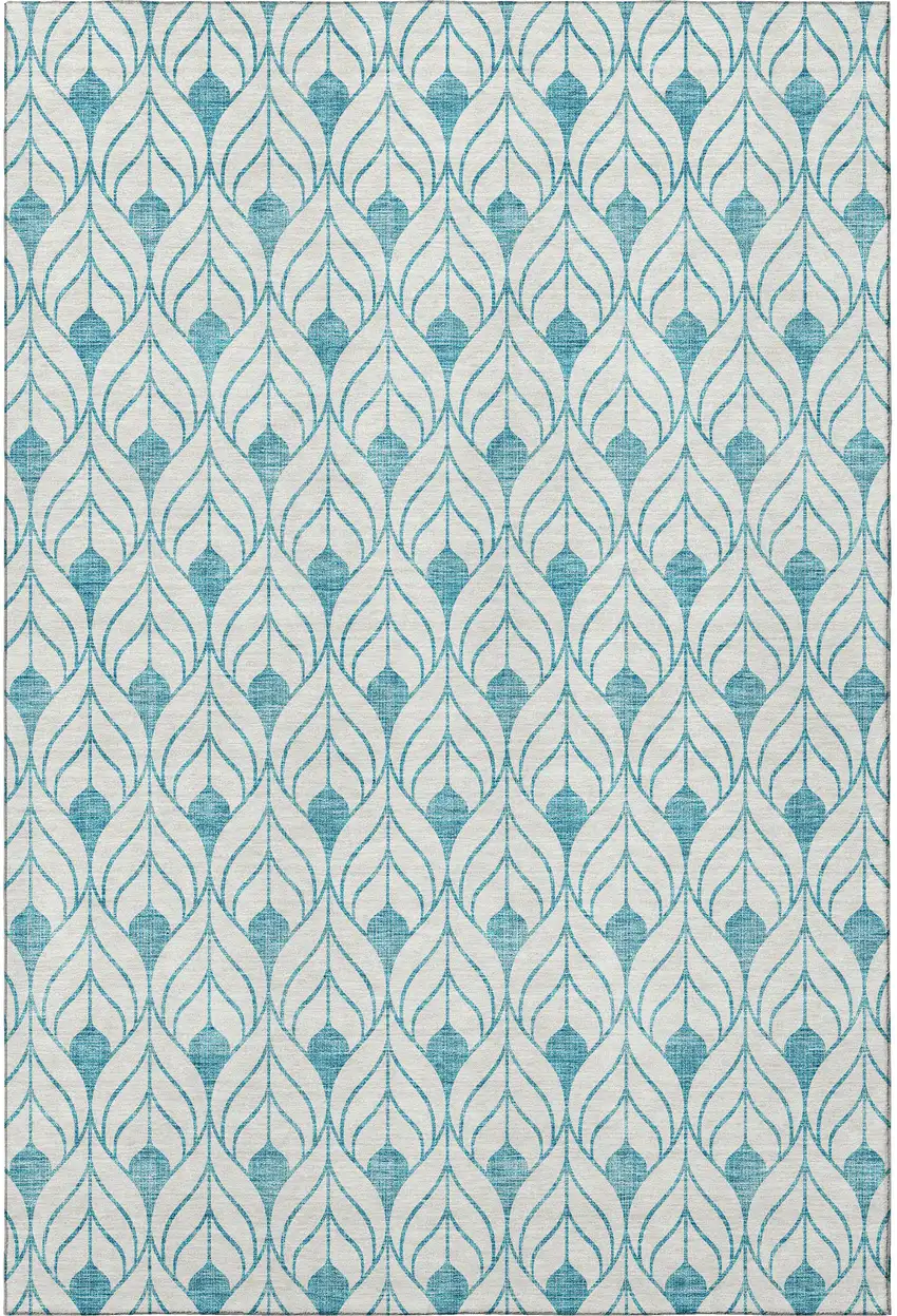 Teal And Ivory Geometric Washable Area Rug With UV Protection Photo 3