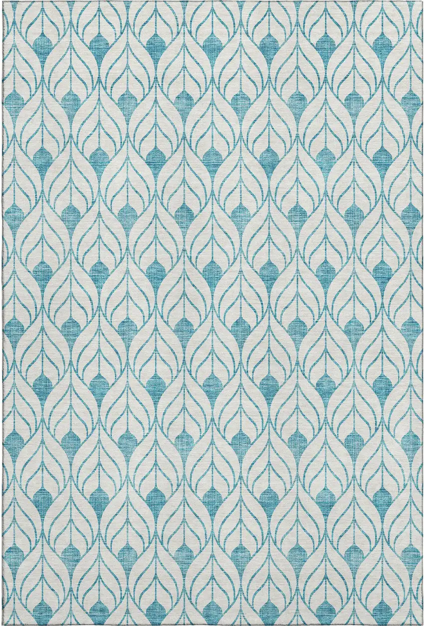 Teal And Ivory Geometric Washable Area Rug With UV Protection Photo 1