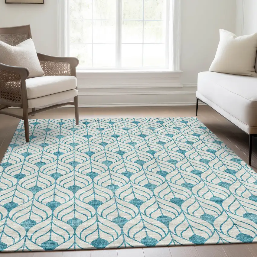 Teal And Ivory Geometric Washable Area Rug With UV Protection Photo 5