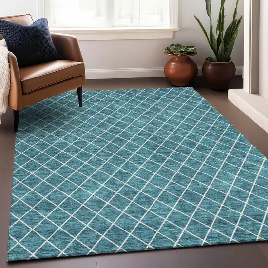 Teal And Ivory Geometric Washable Area Rug With UV Protection Photo 3