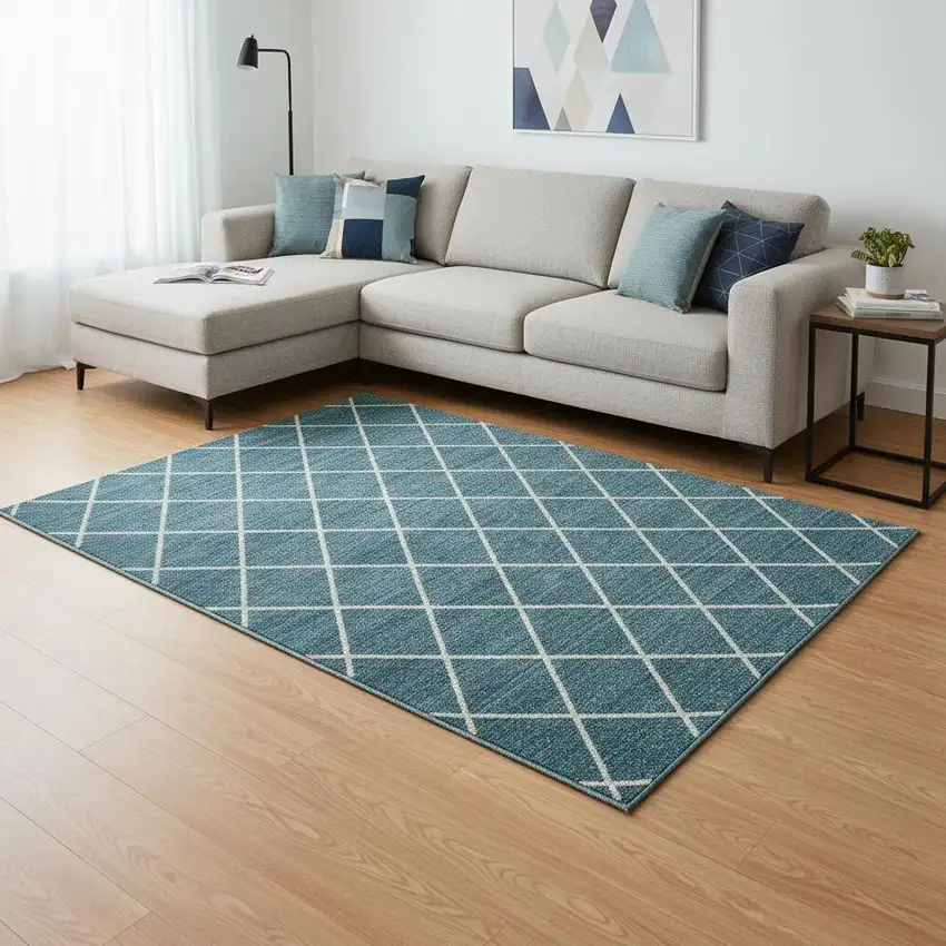 Teal And Ivory Geometric Washable Area Rug With UV Protection Photo 2