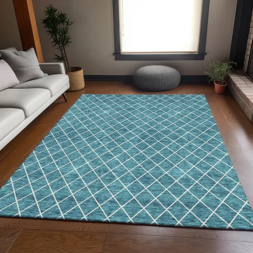 Teal And Ivory Geometric Washable Area Rug With UV Protection Photo 4