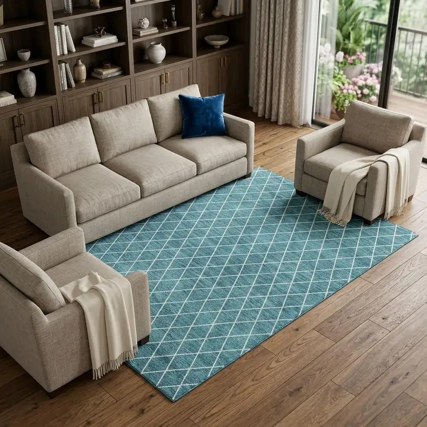 Teal And Ivory Geometric Washable Area Rug With UV Protection Photo 1