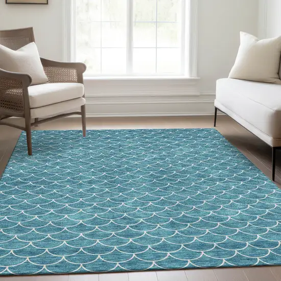 Teal And Ivory Geometric Washable Area Rug With UV Protection Photo 5