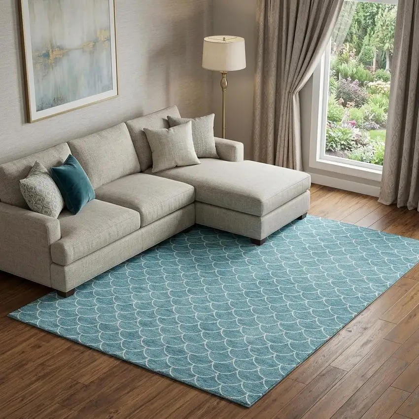 Teal And Ivory Geometric Washable Area Rug With UV Protection Photo 1