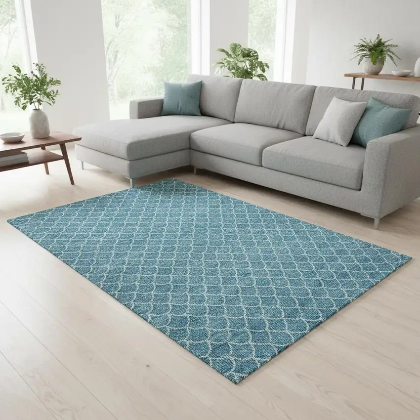 Teal And Ivory Geometric Washable Area Rug With UV Protection Photo 2