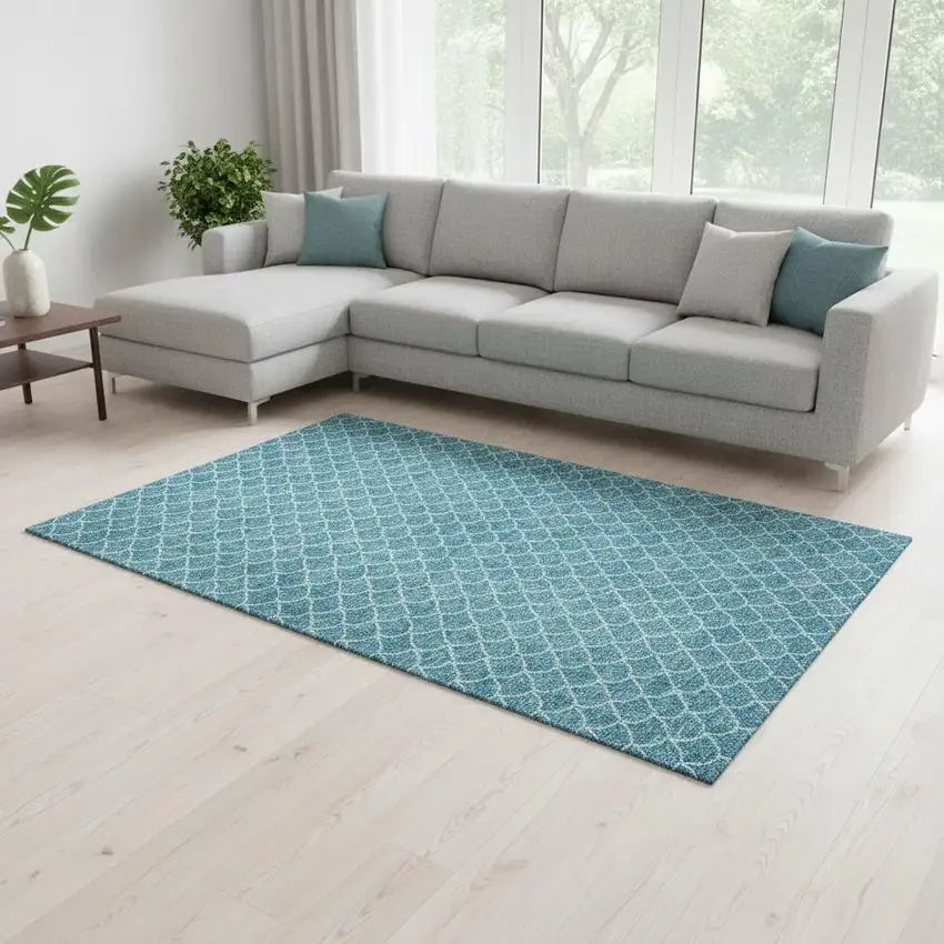 Teal And Ivory Geometric Washable Area Rug With UV Protection Photo 2