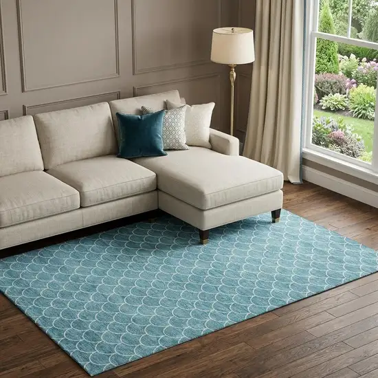Teal And Ivory Geometric Washable Area Rug With UV Protection Photo 1