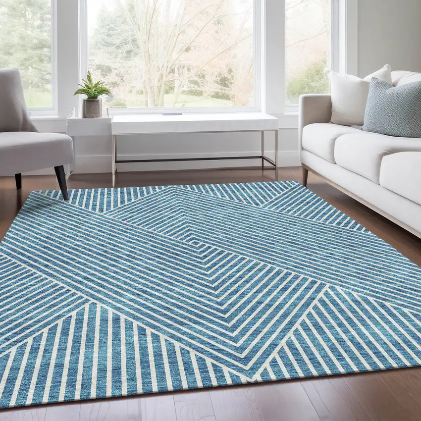 Teal And Ivory Geometric Washable Area Rug With UV Protection Photo 5