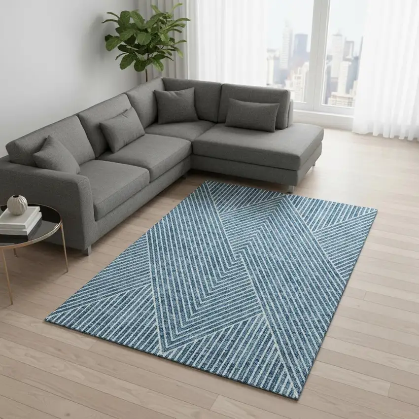 Teal And Ivory Geometric Washable Area Rug With UV Protection Photo 2