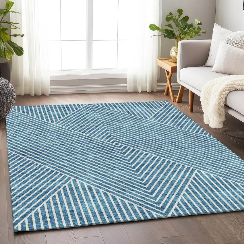 Teal And Ivory Geometric Washable Area Rug With UV Protection Photo 5