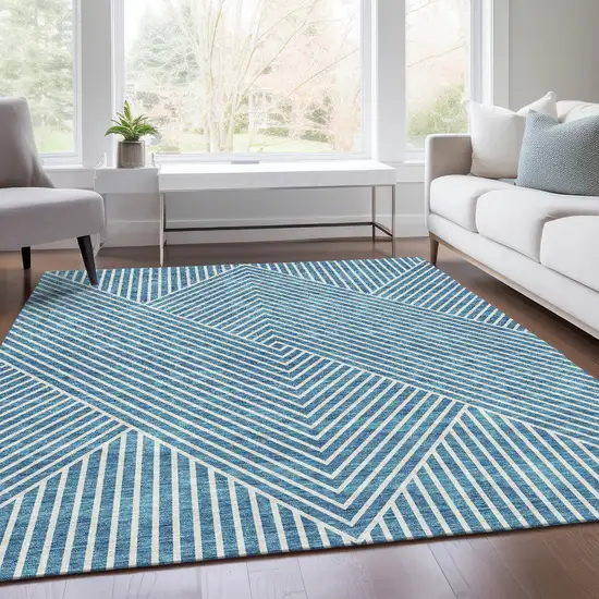 Teal And Ivory Geometric Washable Area Rug With UV Protection Photo 5