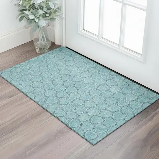 Teal And Ivory Geometric Washable Area Rug With UV Protection Photo 2