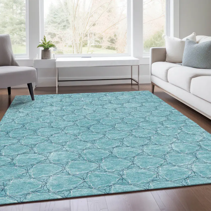 Teal And Ivory Geometric Washable Area Rug With UV Protection Photo 4