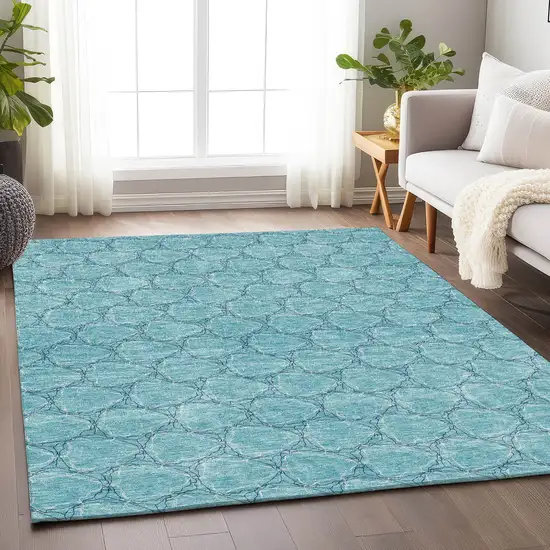 Teal And Ivory Geometric Washable Area Rug With UV Protection Photo 3