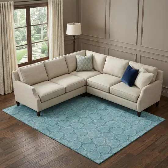 Teal And Ivory Geometric Washable Area Rug With UV Protection Photo 1