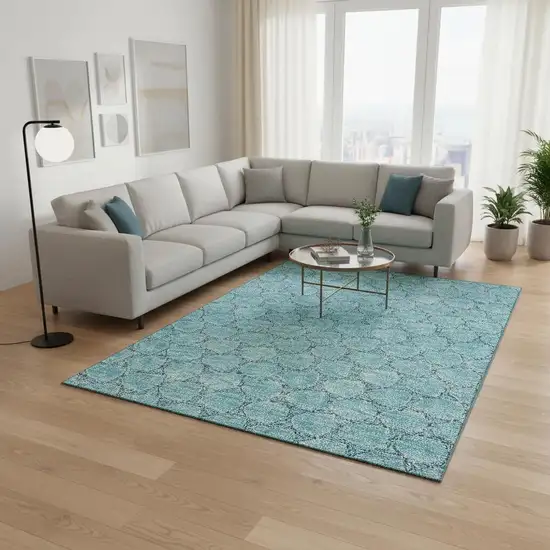 Teal And Ivory Geometric Washable Area Rug With UV Protection Photo 2