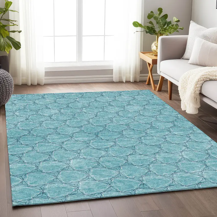Teal And Ivory Geometric Washable Area Rug With UV Protection Photo 4