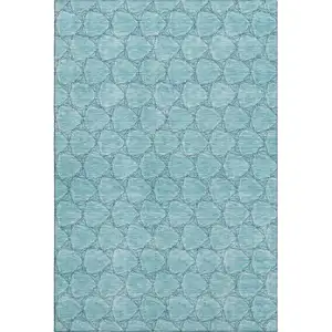 Photo of Teal And Ivory Geometric Washable Area Rug With UV Protection