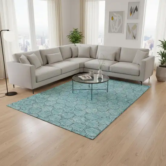 Teal And Ivory Geometric Washable Area Rug With UV Protection Photo 2
