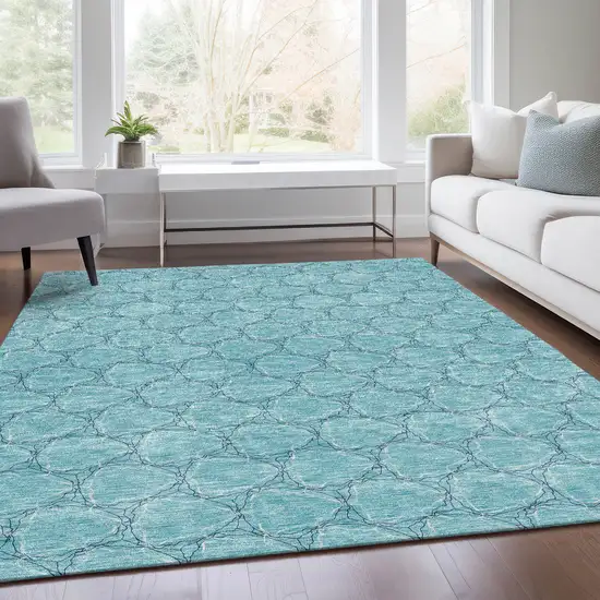 Teal And Ivory Geometric Washable Area Rug With UV Protection Photo 5