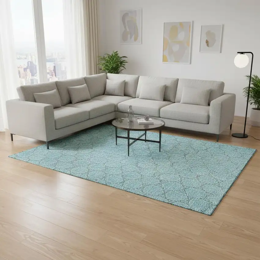 Teal And Ivory Geometric Washable Area Rug With UV Protection Photo 2