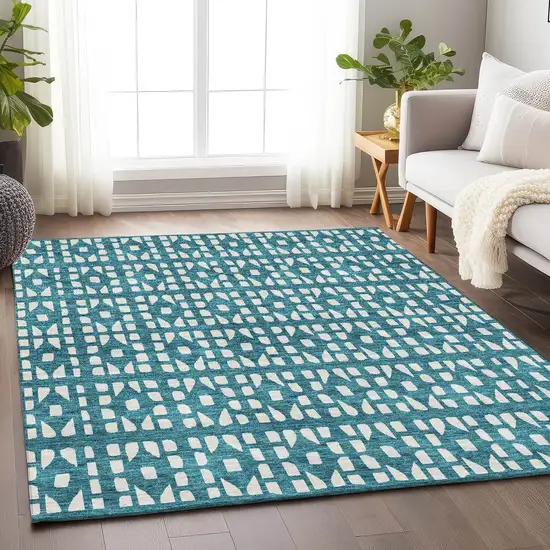 Teal And Ivory Geometric Washable Area Rug With UV Protection Photo 4