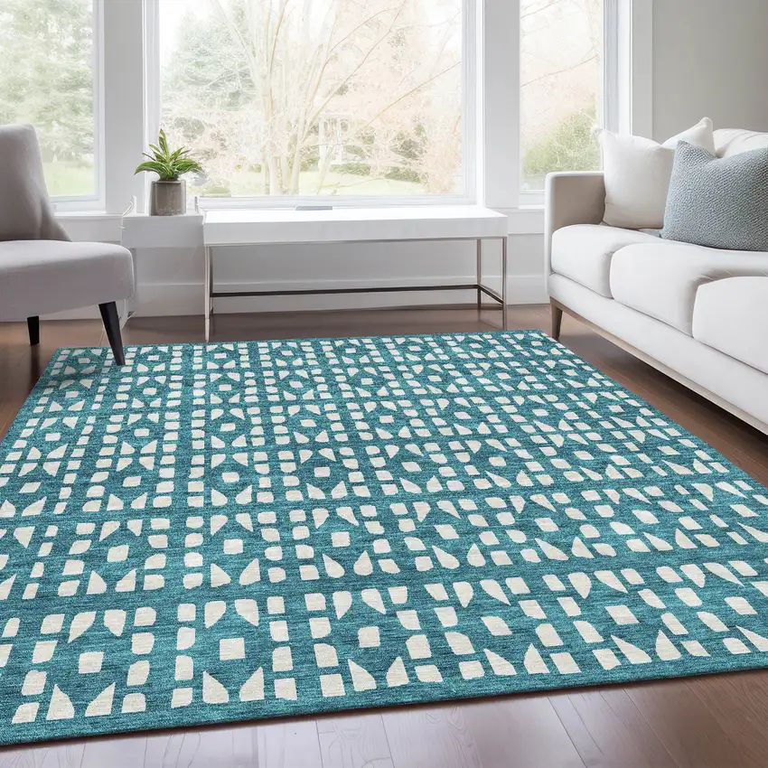 Teal And Ivory Geometric Washable Area Rug With UV Protection Photo 5