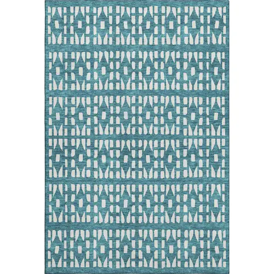 Teal And Ivory Geometric Washable Area Rug With UV Protection Photo 1
