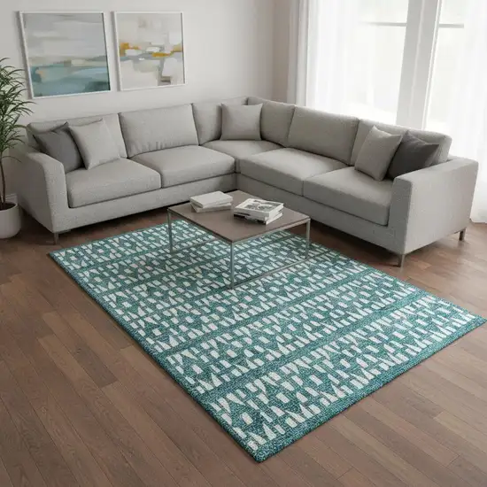 Teal And Ivory Geometric Washable Area Rug With UV Protection Photo 2