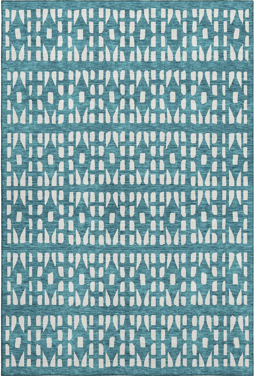 Teal And Ivory Geometric Washable Area Rug With UV Protection Photo 1