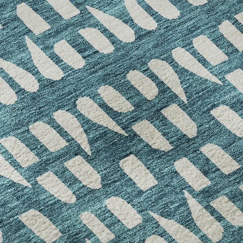 Teal And Ivory Geometric Washable Area Rug With UV Protection Photo 9