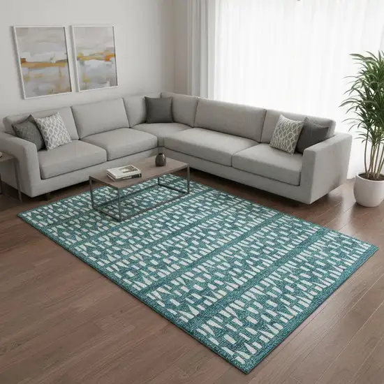 Teal And Ivory Geometric Washable Area Rug With UV Protection Photo 2