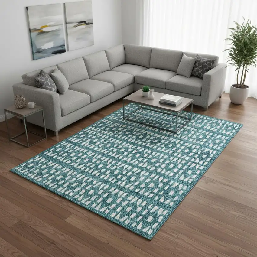 Teal And Ivory Geometric Washable Area Rug With UV Protection Photo 2