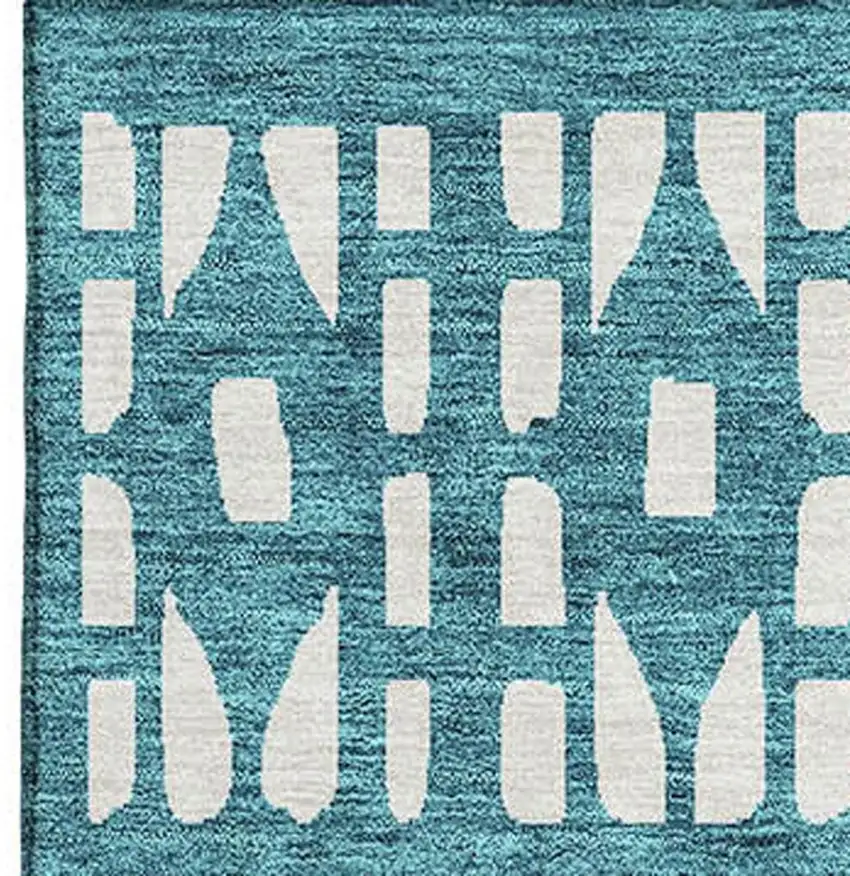 Teal And Ivory Geometric Washable Area Rug With UV Protection Photo 3