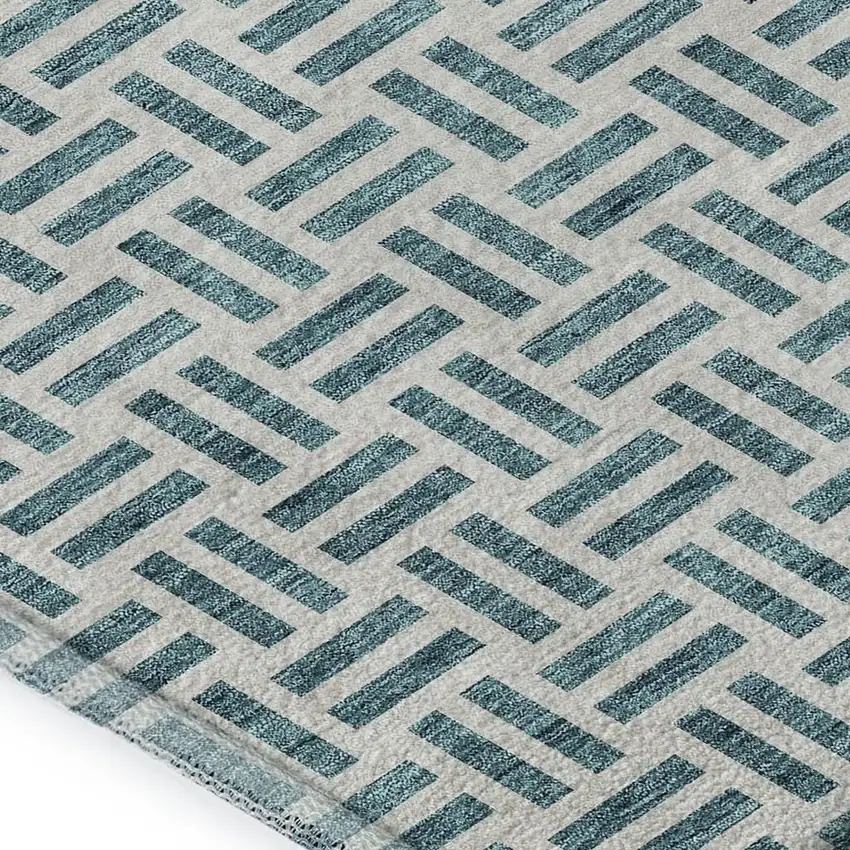 Teal And Ivory Geometric Washable Area Rug With UV Protection Photo 2
