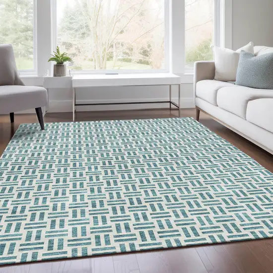 Teal And Ivory Geometric Washable Area Rug With UV Protection Photo 5