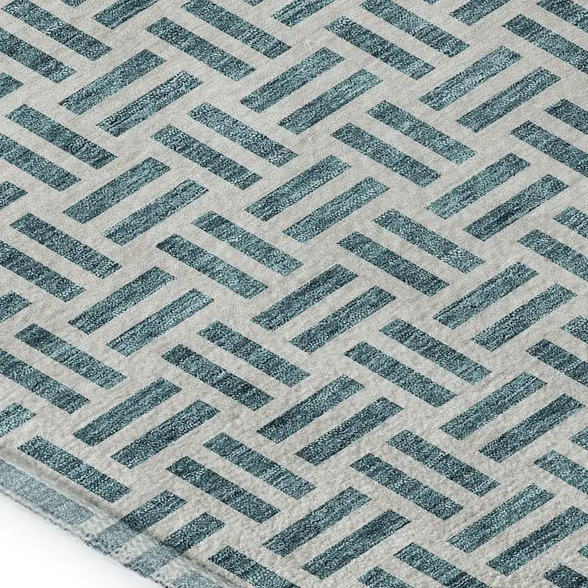 Teal And Ivory Geometric Washable Area Rug With UV Protection Photo 2