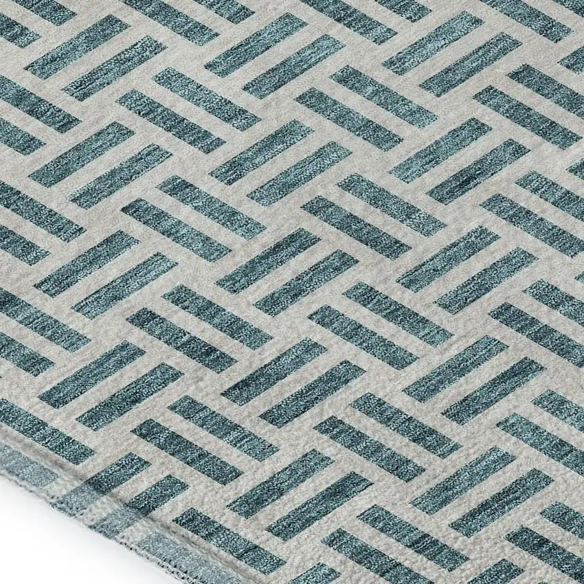 Teal And Ivory Geometric Washable Area Rug With UV Protection Photo 2