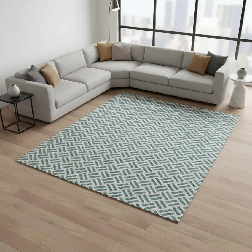 Teal And Ivory Geometric Washable Area Rug With UV Protection Photo 2