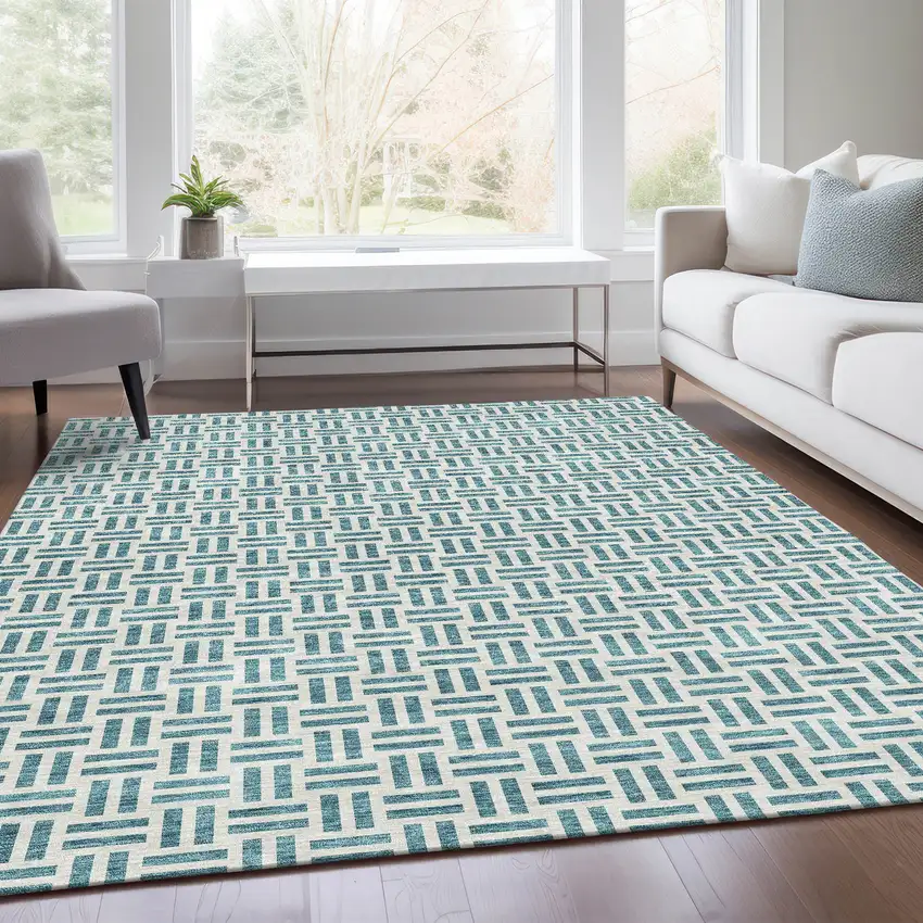 Teal And Ivory Geometric Washable Area Rug With UV Protection Photo 5