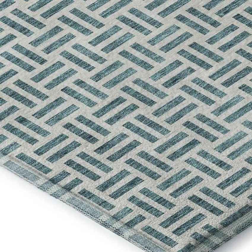 Teal And Ivory Geometric Washable Area Rug With UV Protection Photo 2