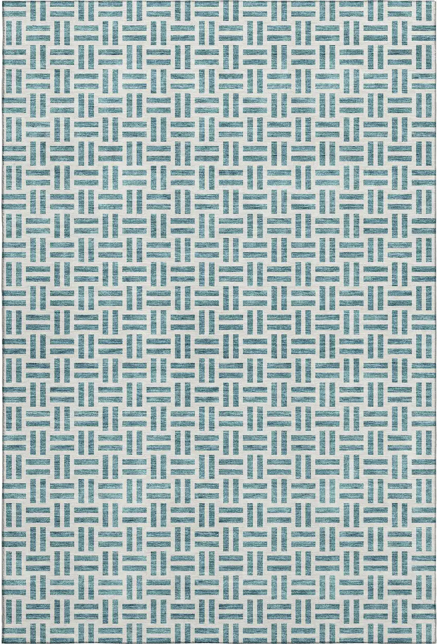 Teal And Ivory Geometric Washable Area Rug With UV Protection Photo 6